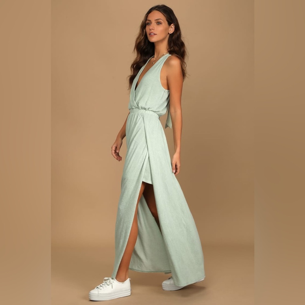 NWT LuLus Sunny Day Perfection‎ Sage Green Tie-Back Maxi Dress, M!